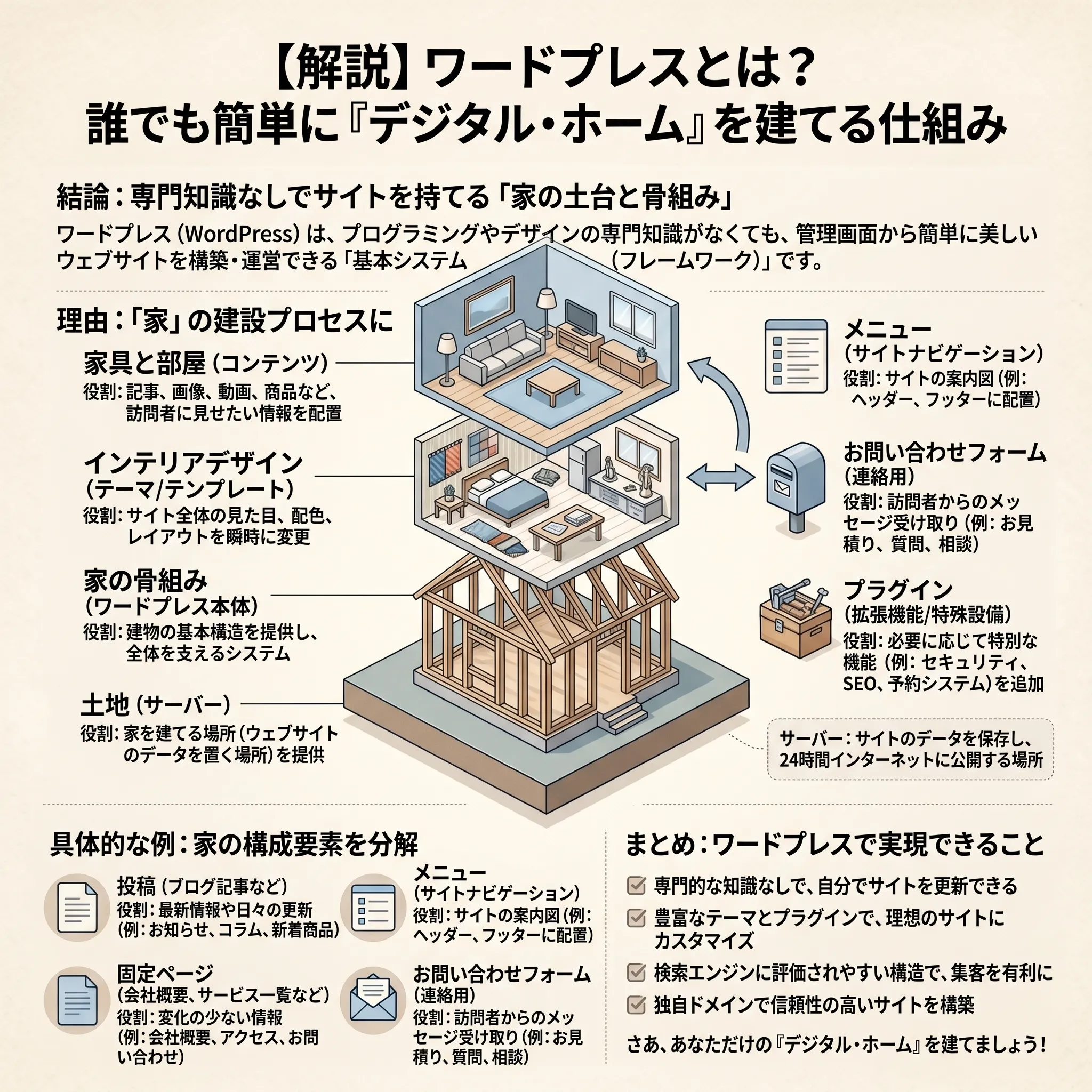 WordPressとは何か？── サーバー・本体・テーマ・コンテンツの4層構造を示す全体構造理解図