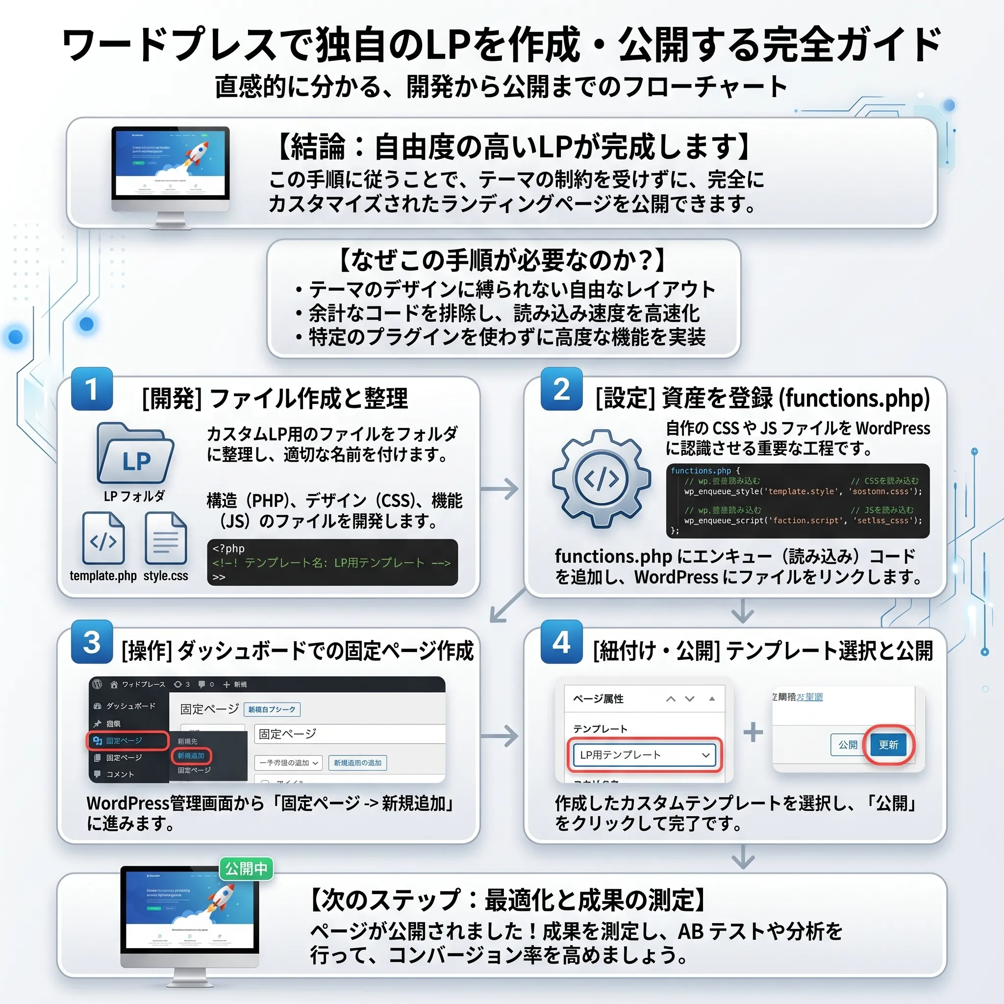 WordPressでLPを公開する流れ ── 準備から公開までの実務フローを示す図