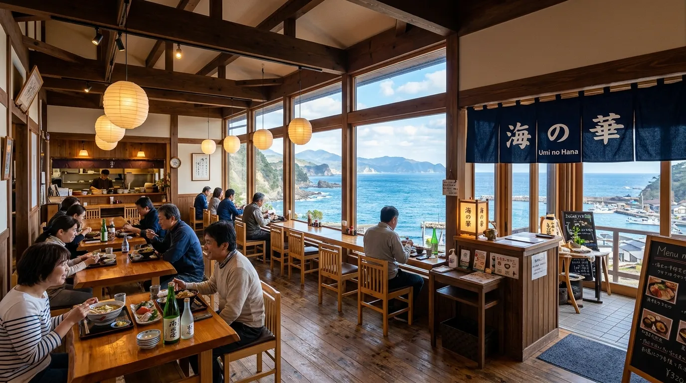 海の見える温かい雰囲気の店内