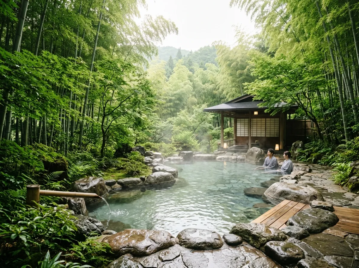 Beautiful mineral open-air hot spring surrounded by green bamboo and stone