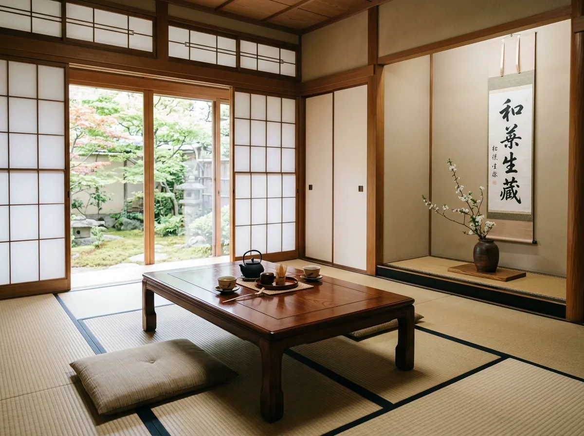 Minimalist luxury Ryokan guest room with clean tatami and shoji screens