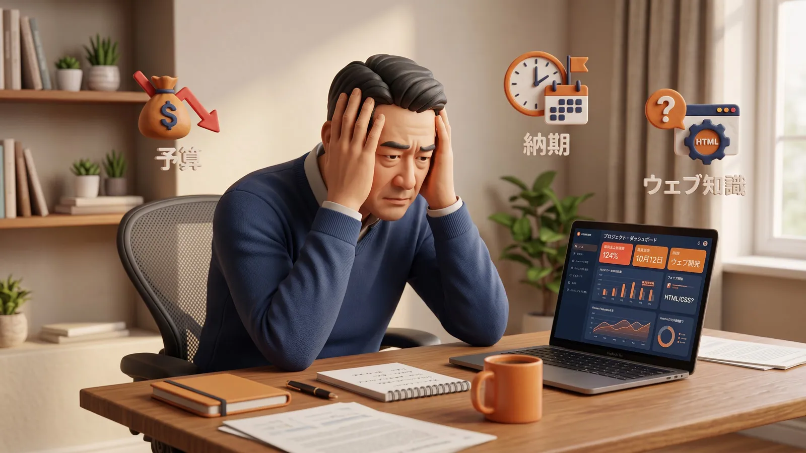 予算や納期、Webの知識不足に頭を抱える事業者のイラスト