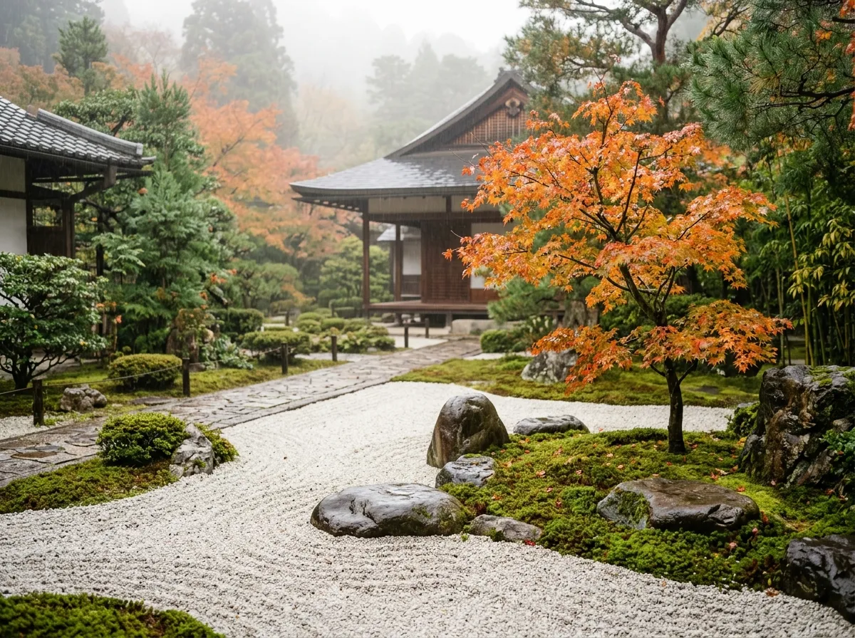 Traditional Zen garden and stones at Shiraishiya